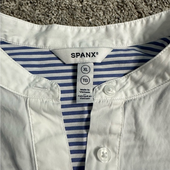 SPANX Poplin Tuxedo Shirt XL Blue White Stripe Long Sleeve High-Low Hem nautical - Picture 8 of 12